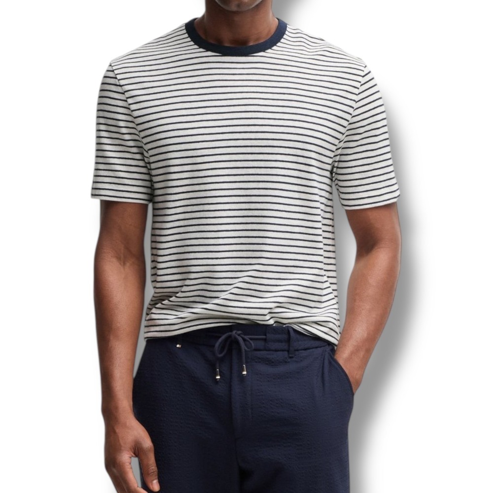 BOSS Men Striped Cotton Linen Short Sleeve Crew Neck T Shirt‎ Size XXL